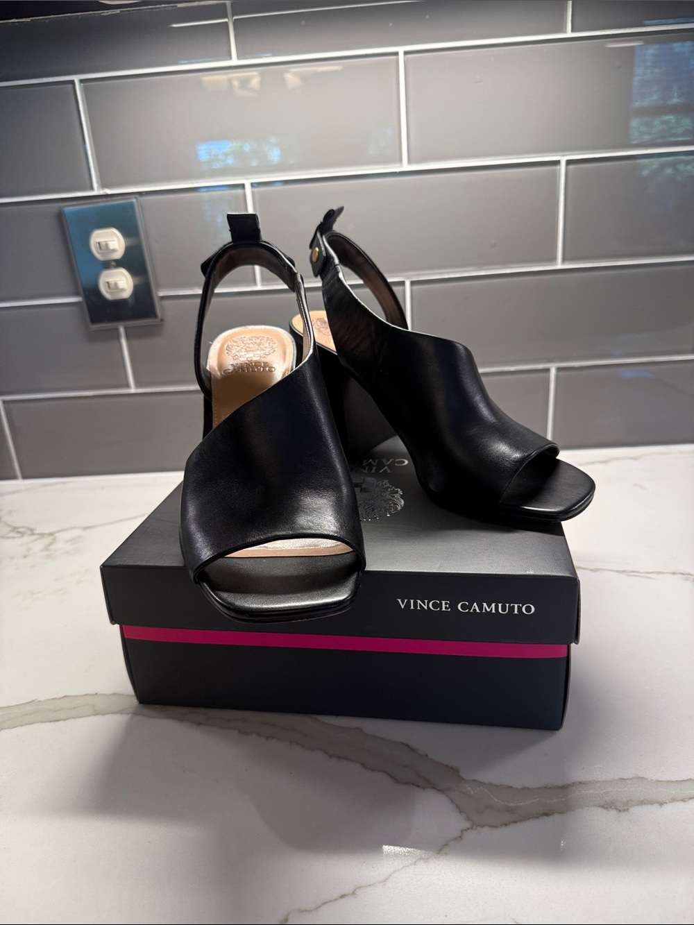 Vince Camuto Black Leather Open-Toe Slingback Heels, size 10, WORN ONCE
